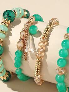 4pcs Bohemian Butterfly Tassel Beaded Bracelets Set For Girls, Daily Wear - Mint Green - View 3