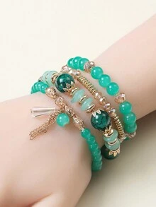 4pcs Bohemian Butterfly Tassel Beaded Bracelets Set For Girls, Daily Wear - Mint Green - View 2