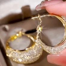 1對豪華網狀造型耳環閃閃發光的金色合金耳環,時尚女性耳環珠寶禮物 - 金色 - 查看 2