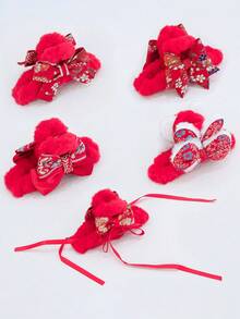 1 件女孩圣诞节、中国新年红色发饰，带毛绒兔子、流苏和刺绣细节，4.5 英寸中号爪形发夹，适合秋冬季节 - 紅色 - 查看 7