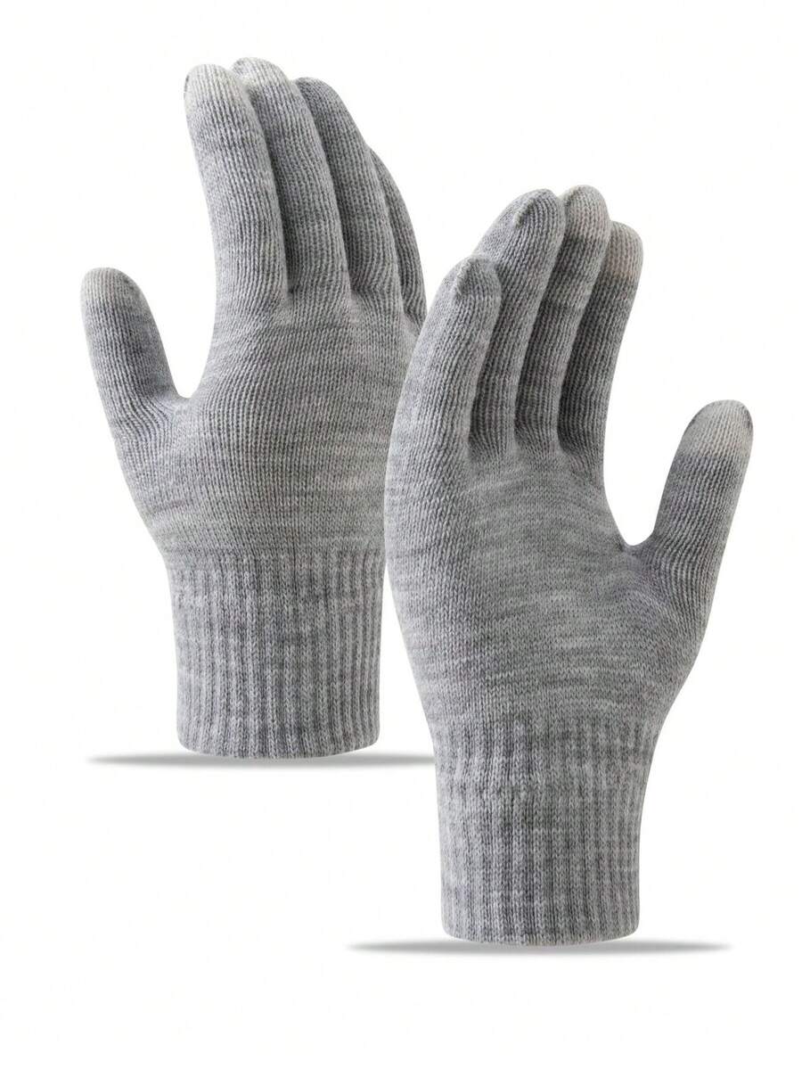 1pc Black/Gray Knitted Warm Men's Velvet Thickened Cycling Winter Gloves - Grey - View 1