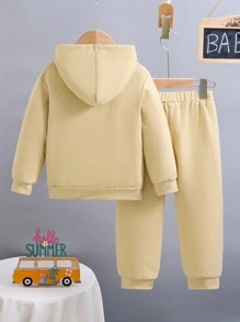 Young Boy Scenery Pattern Printed Hooded Sweatshirt And Sports Pants, Winter - Khaki - View 2