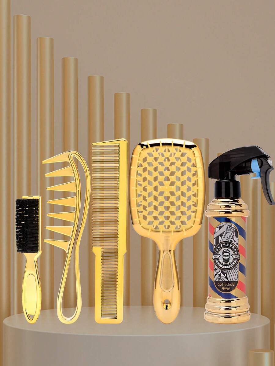 5 件金色美发工具套装，包括造型刷、理发梳、喷雾瓶，非常适合头发造型、清洁、护理，是男女新年最佳礼物 - 金色 - 查看 1