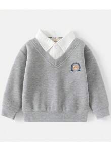 Young Boys' 2 In 1 Polo Shirt With Embroidery Pattern, Spring & Autumn - Grey - View 1