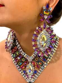 1入組時尚方形立方氧化鋯項鍊,耳環和戒指套裝,適用於女士,派對/雞尾酒配件 - 銀色 - 查看 5