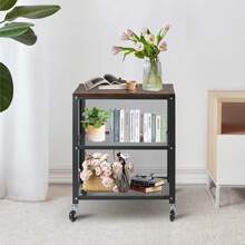LUCKYERMORE Movable Storage Cart Serving With Wheels 3-Tier Mesh Shelf Wood Grain Kitchen - 黑色+棕色 - 查看 9