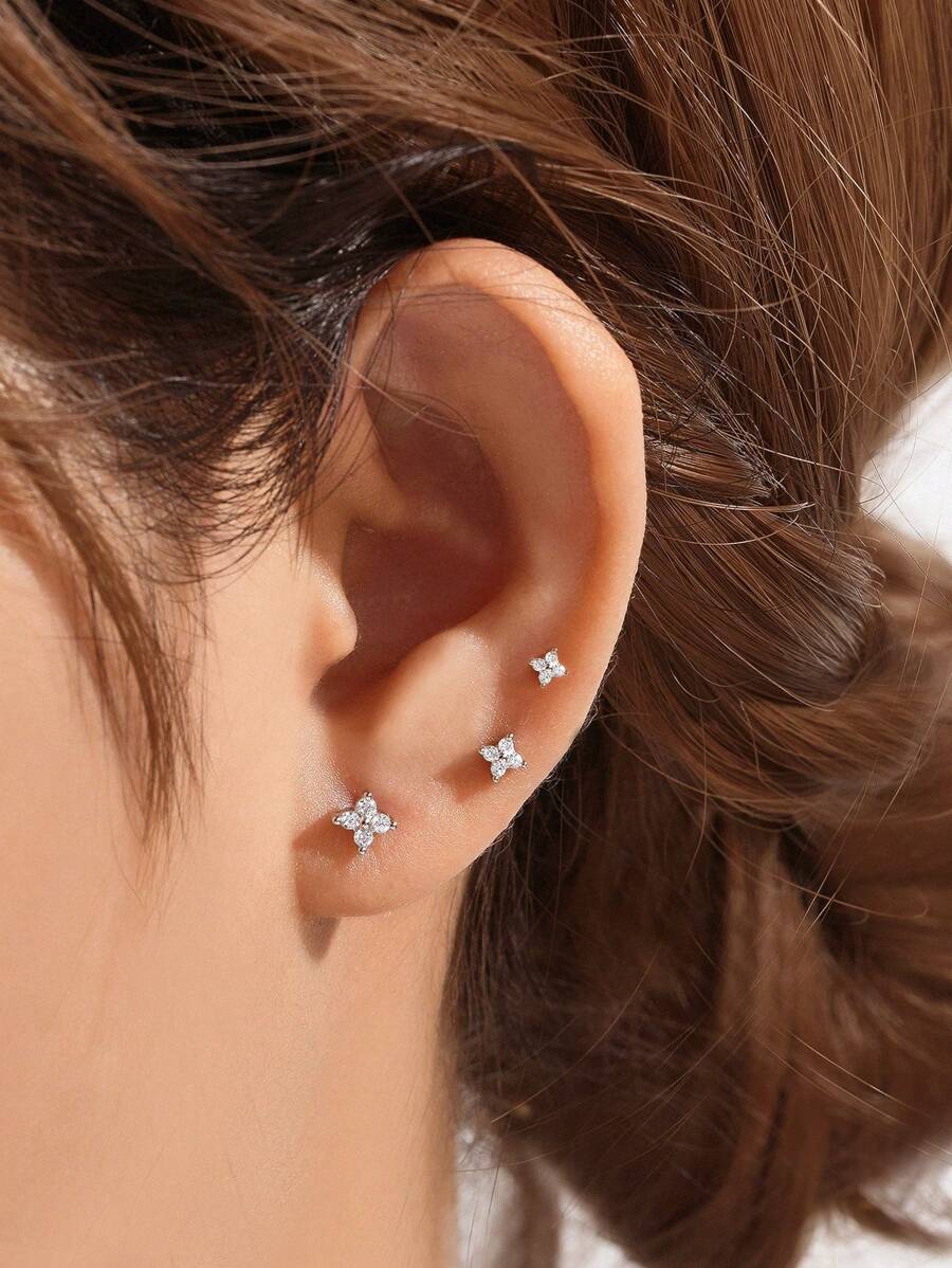 3颗3毫米、4毫米、5毫米925纯银耳钉，女士经典四爪耳钉，欧美时尚蛋白石首饰礼品