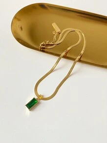 Conjunto de collar y aretes de acero inoxidable cuadrados con cristal verde y circonita cúbica, un conjunto de joyas de moda, adecuado para uso diario