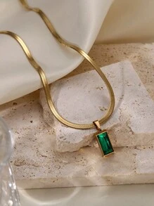Conjunto de collar y aretes de acero inoxidable cuadrados con cristal verde y circonita cúbica, un conjunto de joyas de moda, adecuado para uso diario