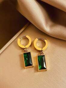 Conjunto de collar y aretes de acero inoxidable cuadrados con cristal verde y circonita cúbica, un conjunto de joyas de moda, adecuado para uso diario