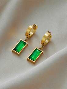 Conjunto de collar y aretes de acero inoxidable cuadrados con cristal verde y circonita cúbica, un conjunto de joyas de moda, adecuado para uso diario