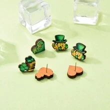 6入組時尚款聖派翠克節三葉草帽和精靈心形信封主題愛爾蘭節日派對假日木質耳釘 - style2 - 查看 4
