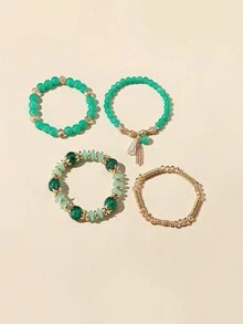 4pcs Bohemian Butterfly Tassel Beaded Bracelets Set For Girls, Daily Wear - Mint Green - View 4