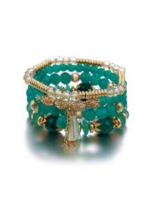 4pcs Bohemian Butterfly Tassel Beaded Bracelets Set For Girls, Daily Wear - Mint Green - View 1