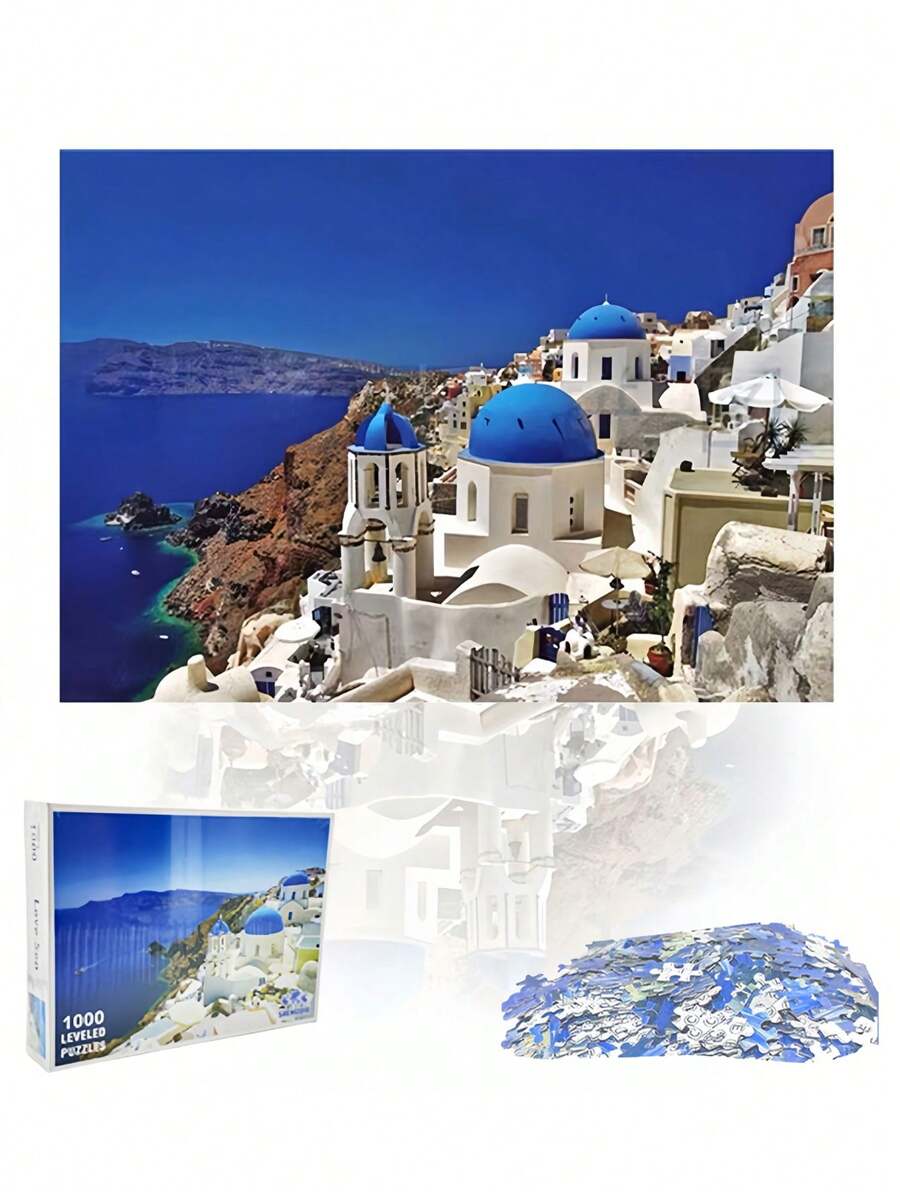 1box 1000pcs High Hardness Paper Jigsaw Puzzle, Colorful Rectangle With Mediterranean Theme Picture, For Adults Therapy, Stress Reliever, Collection - Mediterranean - View 1