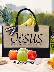 Faith Over Fear Christian Large Capacity Burlap Tote Bag, Christian,Express Your Beliefs ,Letter Print Shoulder Bag, Women's Casual Handbag, Shopping Bag & Gift Bag