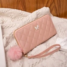 Quilted Embroidery Butterfly Decoration Long Clutch Wallet - Pink - View 3