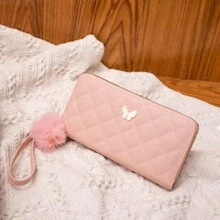 Quilted Embroidery Butterfly Decoration Long Clutch Wallet - Pink - View 1
