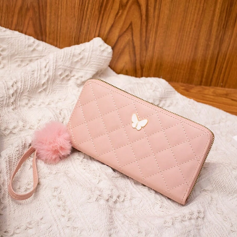 Quilted Embroidery Butterfly Decoration Long Clutch Wallet - Pink - View 1