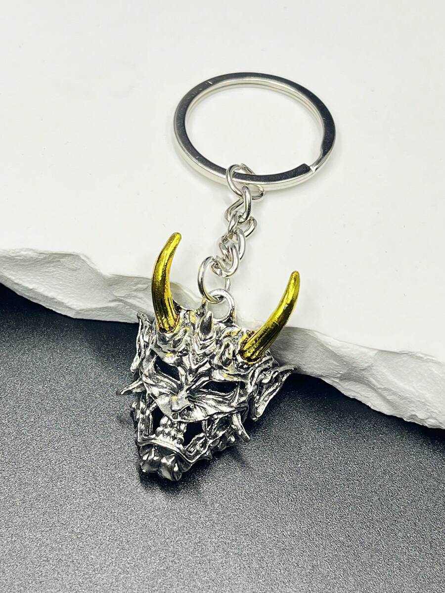 1pc Silver-Tone Japanese Style Horror Warrior Gold Horn Skeleton Mask Shaped Zinc Alloy Keychain Or Pendant For Bag, Personalized Hip-Hop Punk Style Key Ring/Chain, Interesting Gift For Best Friends, Friend, Men - Silver - View 1