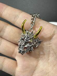 1pc Silver-Tone Japanese Style Horror Warrior Gold Horn Skeleton Mask Shaped Zinc Alloy Keychain Or Pendant For Bag, Personalized Hip-Hop Punk Style Key Ring/Chain, Interesting Gift For Best Friends, Friend, Men - Silver - View 6