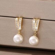 1 對銅雙排微鑲嵌氧化鋯和人造珍珠耳釘,情人節和母親節的完美禮物,適合女士日常佩戴 - 金黃色 - 查看 2