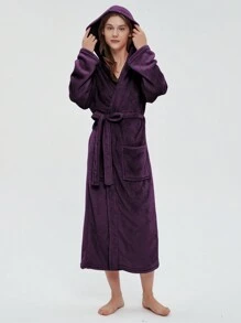 女士法蘭絨連帽浴袍，1件 - 紫羅蘭色 - 查看 1