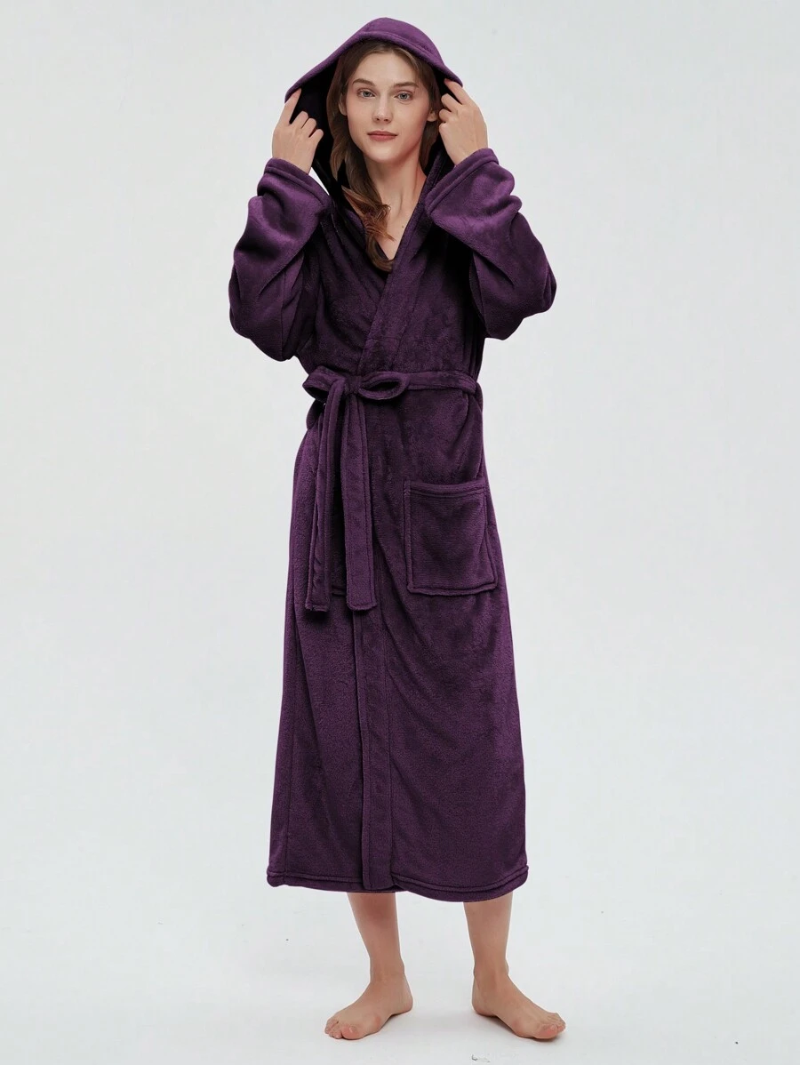女士法蘭絨連帽浴袍，1件 - 紫羅蘭色 - 查看 1