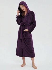 女士法蘭絨連帽浴袍，1件 - 紫羅蘭色 - 查看 2