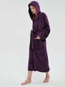 女士法蘭絨連帽浴袍，1件 - 紫羅蘭色 - 查看 5