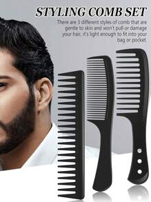 3pcs Hair Comb Set, Including Black Cutting Comb And Wide Tooth Detangling Comb For Salon Use ,Hair Styling Tools Hair Accessories - Black - View 4
