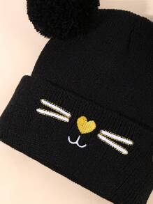 1pc Kid's Dual-Pom Knitted Beanie With Embroidery - Black - View 4