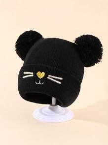1pc Kid's Dual-Pom Knitted Beanie With Embroidery - Black - View 3
