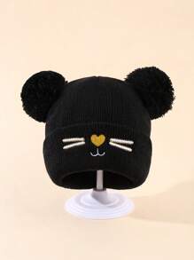 1pc Kid's Dual-Pom Knitted Beanie With Embroidery - Black - View 1