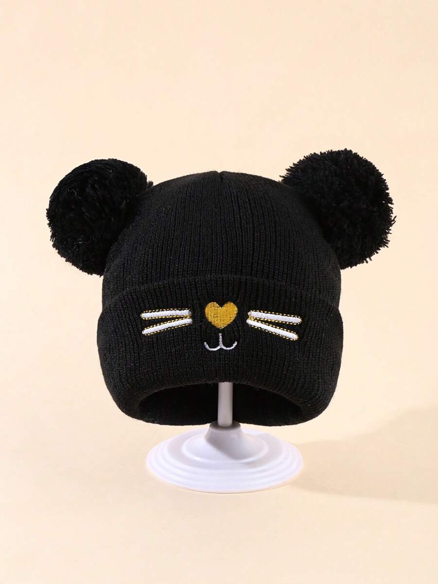 1pc Kid's Dual-Pom Knitted Beanie With Embroidery - Black - View 1