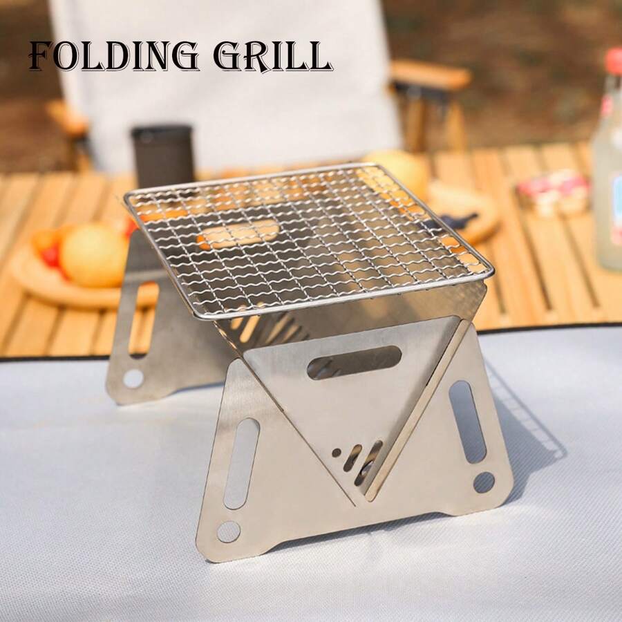 Outdoor Portable Mini Foldable Bbq Grill For One Person, Removable Stainless Steel Fire Pit, Campfire Stove With Charcoal Rack Assembly - Silver - View 1