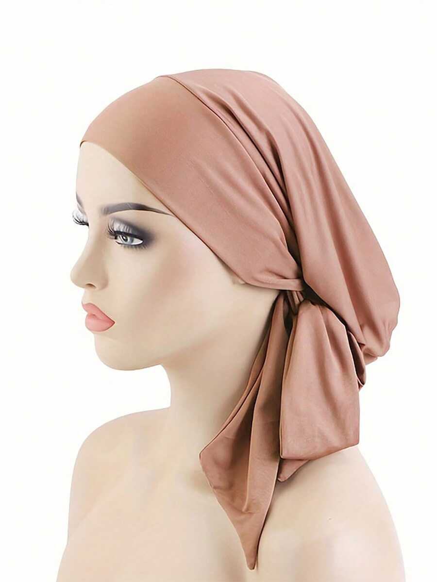1pc Solid Color Women's Elastic Bowknot Hijab Cap Lightweight Comfortable Turban With Long Tail - Khaki - View 1