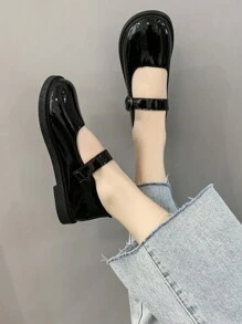 女士时尚玛丽珍平底鞋，新款休闲平底鞋，圆头，低鞋面，英伦风格，漆皮黑色鞋子 - 黑色 - 查看 3