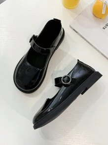 女士时尚玛丽珍平底鞋，新款休闲平底鞋，圆头，低鞋面，英伦风格，漆皮黑色鞋子 - 黑色 - 查看 4