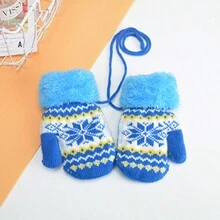 1pair Grey Double-Layered Octagon Flower Thickened Warm Gloves For 3-8 Year Old Boys And Girls, Toddler Winter Mittens With Neck String - Grey - View 6