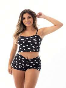 Baby Doll cropped Feminino Promocional Barato Linha Noite Confortável Pijama Curto Verão - Preto - Visão 4