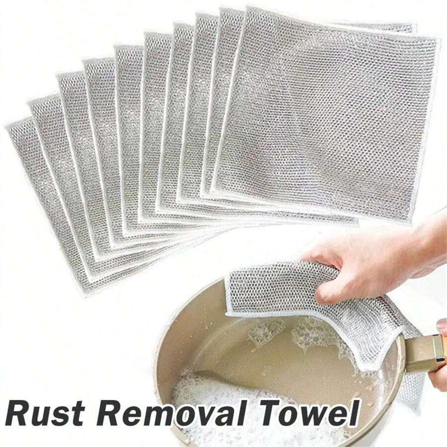1pc Stainless Steel Wire Cleaning Cloth Pan Scrubbing Brush Wire Ball Dishwashing Rag Rust Stain Removal Kitchen Microwave Cleaning Tool - Silver - View 1