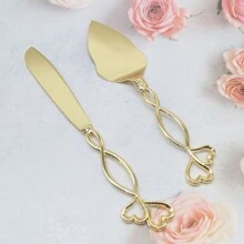 WINON 2pcs/Set Golden Alloy Double Heart European Style Cake & Pizza Cutter And Shovel Set, With Exquisite Handle, Suitable For Wedding, Party, Birthday Dinner, Baking
