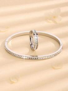 2 Pièces / Set Fascinant Bracelet Et Bague En Zircone Cubique Carré En Acier Inoxydable Pour Femmes, Accessoire Quotidien, Style Étoile - Argent - Voir 6