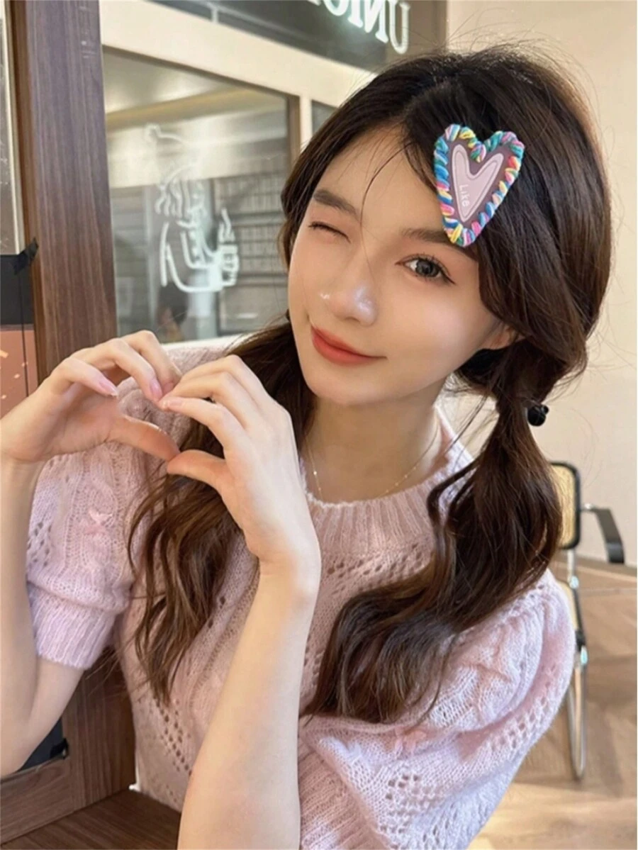 1入組情人節女士髮夾，甜美時髦的色塊愛心邊髮夾，女友禮物，Y2K美學多巴胺七彩鱷魚夾側夾髮夾 - 彩色 - 查看 1