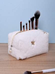 大容量毛绒亮片化妆包行李蓬松轻便化妆包礼物送给妈妈送给女孩派对婚礼化妆品收纳适用于旅行和商务适用于节日（金色星星）圣诞礼物护肤品收纳袋适用于护士礼物、趣味礼物、教师礼物、圣诞派对、旅行用品、伴娘礼物