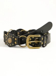 1 件时尚潮流复古美式拼接孔眼铆钉腰带，配朋克金属扣，可作装饰，搭配牛仔裙 - 咖啡 - 查看 10