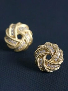 一对复古奢华S925纯银立方氧化锆圆形编织耳环，镀金耳环，优雅珠宝，母亲节礼物 - 耳環1 - 查看 4