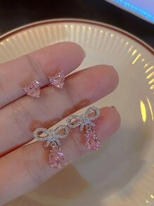 4件套粉色水晶吊坠耳环，女士时尚蝴蝶结耳环，新娘婚礼派对首饰，送给闺蜜、女友、妻子的礼物，优雅高贵。情人节配饰 - 粉色 - 查看 8