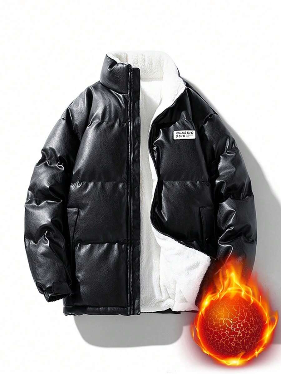 Men's PU Leather Patchwork Fleece Sports Jacket - Black - View 1